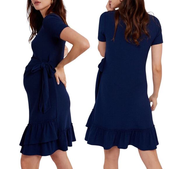A Pea in the Pod Dress sz LARGE Side Tie Ruffle Hem Minidress Navy Blue Stretch - Picture 2 of 9